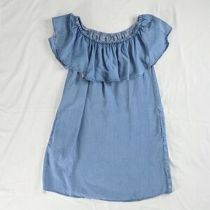 Mebon Denim Ruffle Collar Chambray Blue Dress Off The Shoulder